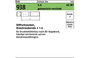 DIN 938 5.6 AD W7 galvanisch verzinkt Stiftschrauben, Einschraubende = 1 d 