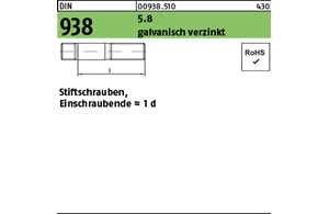 DIN 938 5.8 galvanisch verzinkt Stiftschrauben, Einschraubende = 1 d 