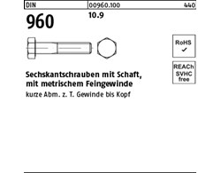 DIN 960 10.9 Sechskantschrauben mit Schaft, mit metrischem Feingewinde