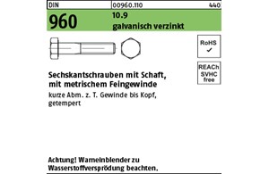 DIN 960 10.9 galvanisch verzinkt Sechskantschrauben mit Schaft, mit metrischem F