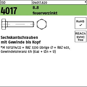 ISO 4017 8.8 U M 6 x 12 feuerverzinkt, Gew.tol. 6h tZn S
