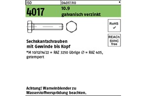 ISO 4017 10.9 galvanisch verzinkt Sechskantschrauben mit Gewinde bis Kopf 