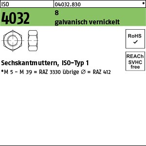 ISO 4032 6-8 M 3 galv. vernickelt E1A gal Ni S