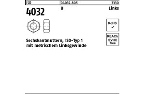 ISO 4032 8 Links Sechskantmuttern, ISO-Typ 1, mit metrischem Linksgewinde
