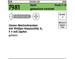 DIN 7981 Stahl Form F galvanisch verzinkt Linsen-Blechschrauben mit Zapfen mit P