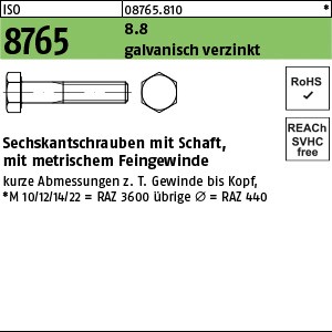 ISO 8765 8.8 M 16 x 1,5 x 80 galv. verzinkt gal Zn S