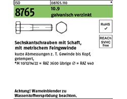 ISO 8765 10.9 galvanisch verzinkt Sechskantschrauben mit Schaft, mit metrischem 