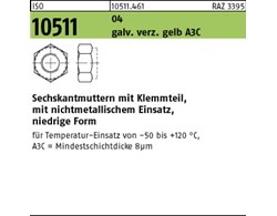 ISO 10511 04 galv. verz. gelb A3C Sechskantmuttern mit Klemmteil, mit nichtmetal