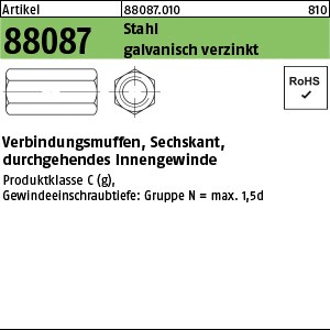 ART 88087 6kt.Verbindungsmuffe St.gal Zn M 6 x 25 SW 10 gal Zn S