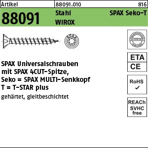ART 88091 SPAX St. 3 x 12/10 -T10 WIROX, Senkkopf gal Zn S