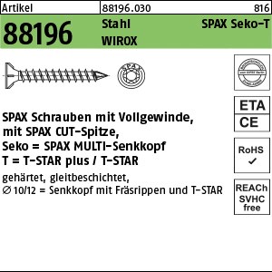 ART 88196 SPAX Seko mit Fräsrippen und Cutsp. St. WIROX 8 x 240 -T40 gal Zn S