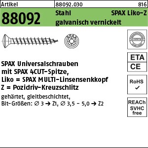 ART 88092 SPAX St. 3,5 x 16/12 -Z Wellenschliff, gal Ni, LIKO gal Ni S