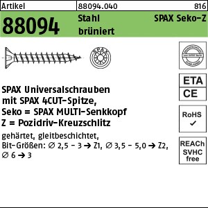 ART 88094 SPAX St. 4 x 16/12 -Z Wellenschliff, brüniert, SEKO brün S