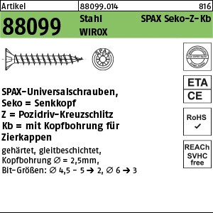 ART 88099 SPAX St. 4,5 x 20/10 -Z WIROX, SEKO mit Innenloch gal Zn S
