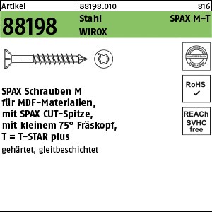 ART 88198 SPAX-M Seko m.Fräsrippen und CUT-Sp. St.WIROX 3,5 x 40/28-T gal Zn K