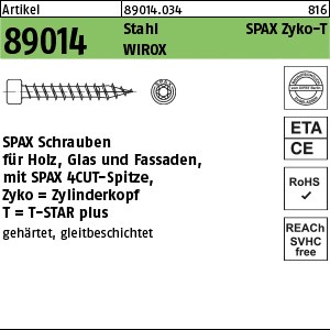 ART 89014 SPAX Zylinderkopf Stahl geh. 6 x 80 -T30 Oberfläche WIROX gal Zn S