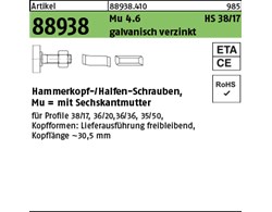 Artikel 88938 Mu 4.6 HS 38/17 galvanisch verzinkt Hammerkopf-/Halfen-Schrauben, 