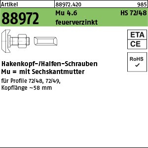 ART 88972 Halfenschr. 4.6 Typ 72/48 M 20 x 50 feuerverzinkt tZn S