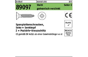 Artikel 89097 Stahl CE Seko-Z galvanisch verzinkt Spanplattenschrauben, Senkkopf