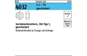 ISO 4032 A 2 - 70 geschmiert Sechskantmuttern, ISO-Typ 1 