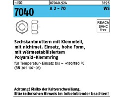 ISO 7040 A 2 - 70 WS Sechskantmuttern mit Klemmteil, hohe Form, nichtmet. Einsat