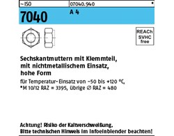 ISO 7040 A 4 Sechskantmuttern mit Klemmteil, mit nichtmetallischem Einsatz, hohe