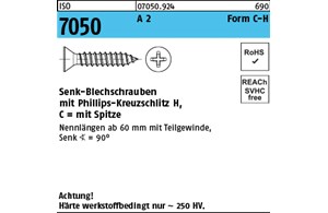 ISO 7050 A 2 Form C-H Senk-Blechschrauben mit Spitze, mit Phillips-Kreuzschlitz 