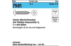 DIN 7981 A 2 Form C-H Linsen-Blechschrauben mit Spitze, mit Phillips-Kreuzschlit