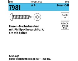 DIN 7981 A 4 Form C-H Linsen-Blechschrauben mit Spitze, mit Phillips-Kreuzschlit