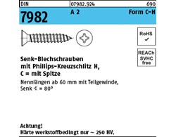 DIN 7982 A 2 Form C-H Senk-Blechschrauben mit Spitze, mit Phillips-Kreuzschlitz 