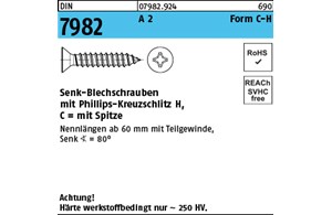 DIN 7982 A 2 Form C-H Senk-Blechschrauben mit Spitze, mit Phillips-Kreuzschlitz 