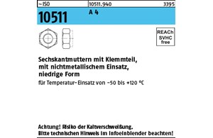 ISO 10511 A 4 Sechskantmuttern mit Klemmteil, mit nichtmetallischem Einsatz, nie