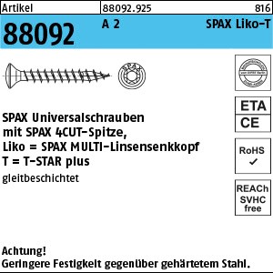 ART 88092 SPAX A 2 3 x 20/16 -T10 Wellenschliff, Linsensenkkopf A 2 K
