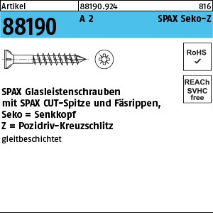 ART 88190 SPAX A 2 3,5 x 40/23 -Z2 Glasleistenschraube / CUT-Spitze A 2 S