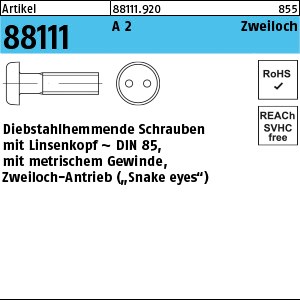 ART 88111 Sicherh.Schr.(D 85) A2 M 3 x10 LIKO, mit. Zweiloch A 2 S