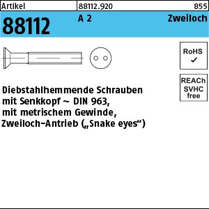 ART 88112 Sicherh.Schr.(D963)A2 M 3 x 10 mit Zweiloch A 2 S