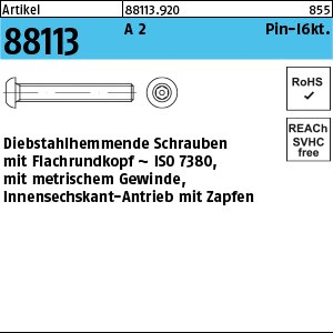 ART 88113 Sicherh.Schr(I7380)A2 M 4 x 10 Innensechskant m. Zapfen A 2 S