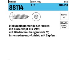 Artikel 88114 A 2 PIN-ISR Diebstahlhemmende Schrauben, Linsenkopf DIN 7981, Blec