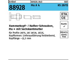 Artikel 88928 Mu A 4 HS 28/15 Hammerkopf-/Halfen-Schrauben, mit Sechskantmutter