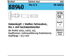 Artikel 88940 Mu A 4 HS 40/22 Hakenkopf-/Halfen-Schrauben, mit Sechskantmutter