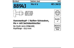 Artikel 88943 Mu A 4 HZS 38/23 Hammerkopf-/Halfen-Schrauben, mit Sechskantmutter