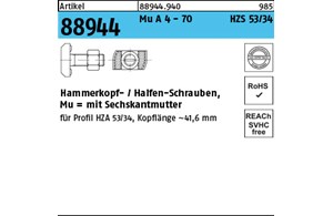 Artikel 88944 Mu A 4 - 70 HZS 53/34 Hammerkopf-/Halfen-Schrauben, mit Sechskantm