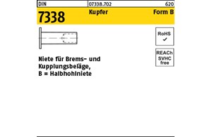 DIN 7338 Kupfer Form B Niete für Brems- und Kupplungsbeläge, Halbhohlniete