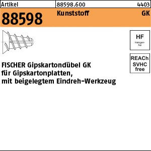 ART 88598 FISCHER-Gipskartondübel GK Kunstst.,m. je 1 Setzwerkzeug S