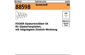 Artikel 88598 Kunststoff GK FISCHER Gipskartondübel GK mit beigelegtem Eindreh-W