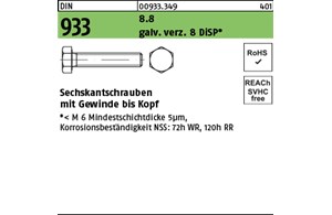 DIN 933 8.8 galv. verz. 8 DiSP Sechskantschrauben mit Gewinde bis Kopf 