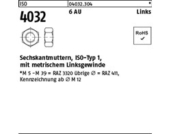 ISO 4032 6 AU Links Sechskantmuttern, ISO-Typ 1, mit metrischem Linksgewinde